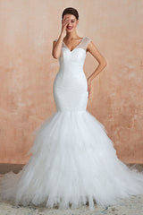 Mermaid Wedding Dress Beaded Chic V-Neck Sleeveless Bridal Gowns With Train-Dbrbridal