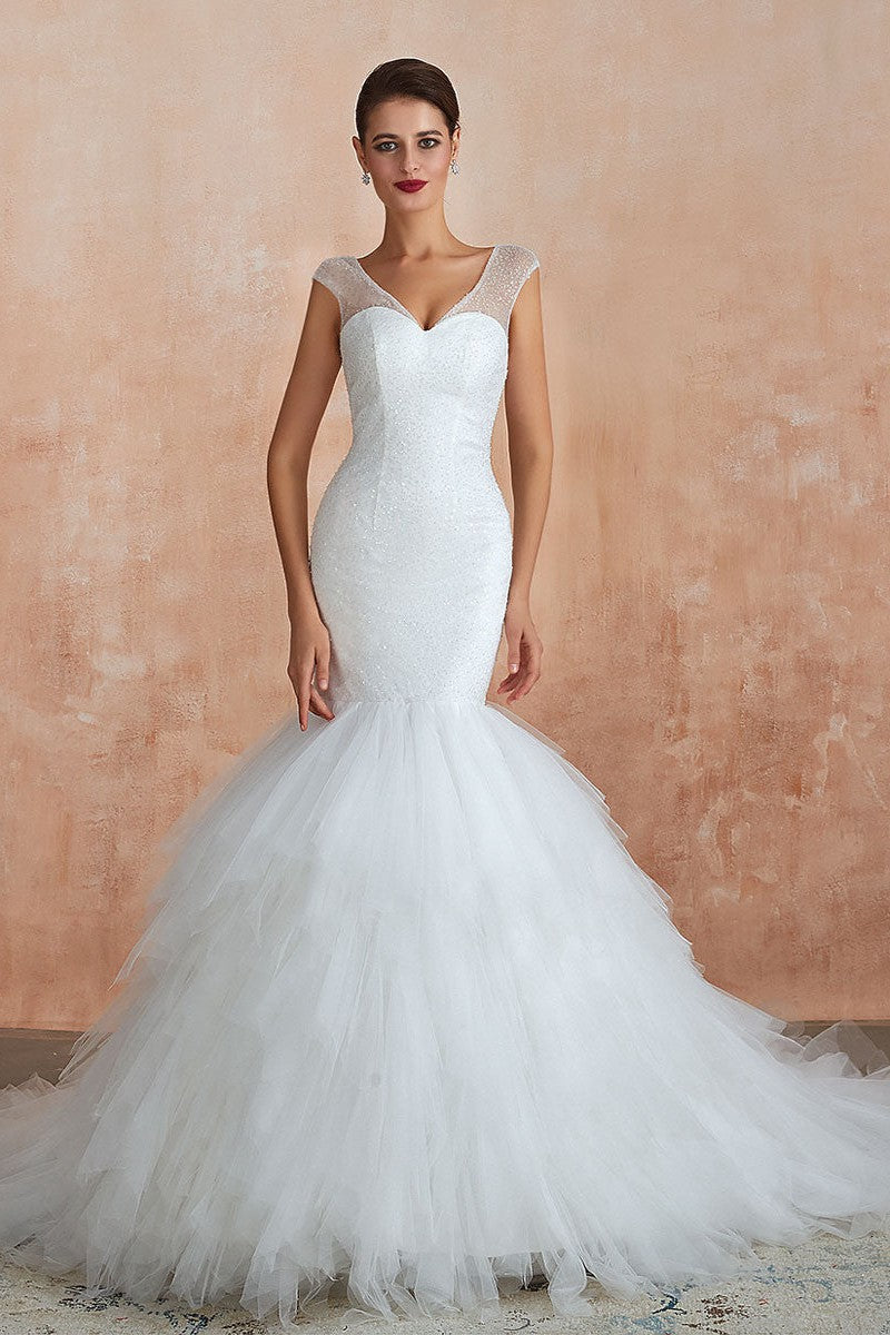 Mermaid Wedding Dress Beaded Chic V-Neck Sleeveless Bridal Gowns With Train-Dbrbridal