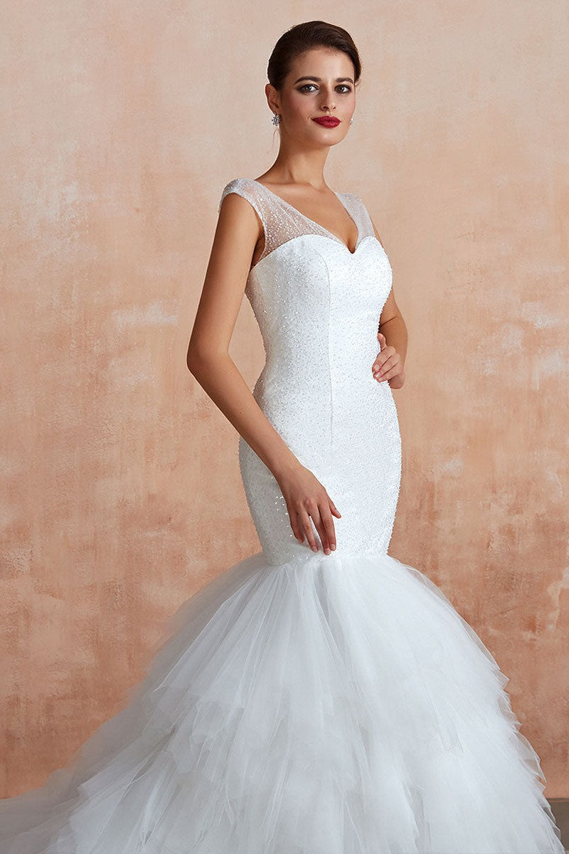 Mermaid Wedding Dress Beaded Chic V-Neck Sleeveless Bridal Gowns With Train-Dbrbridal