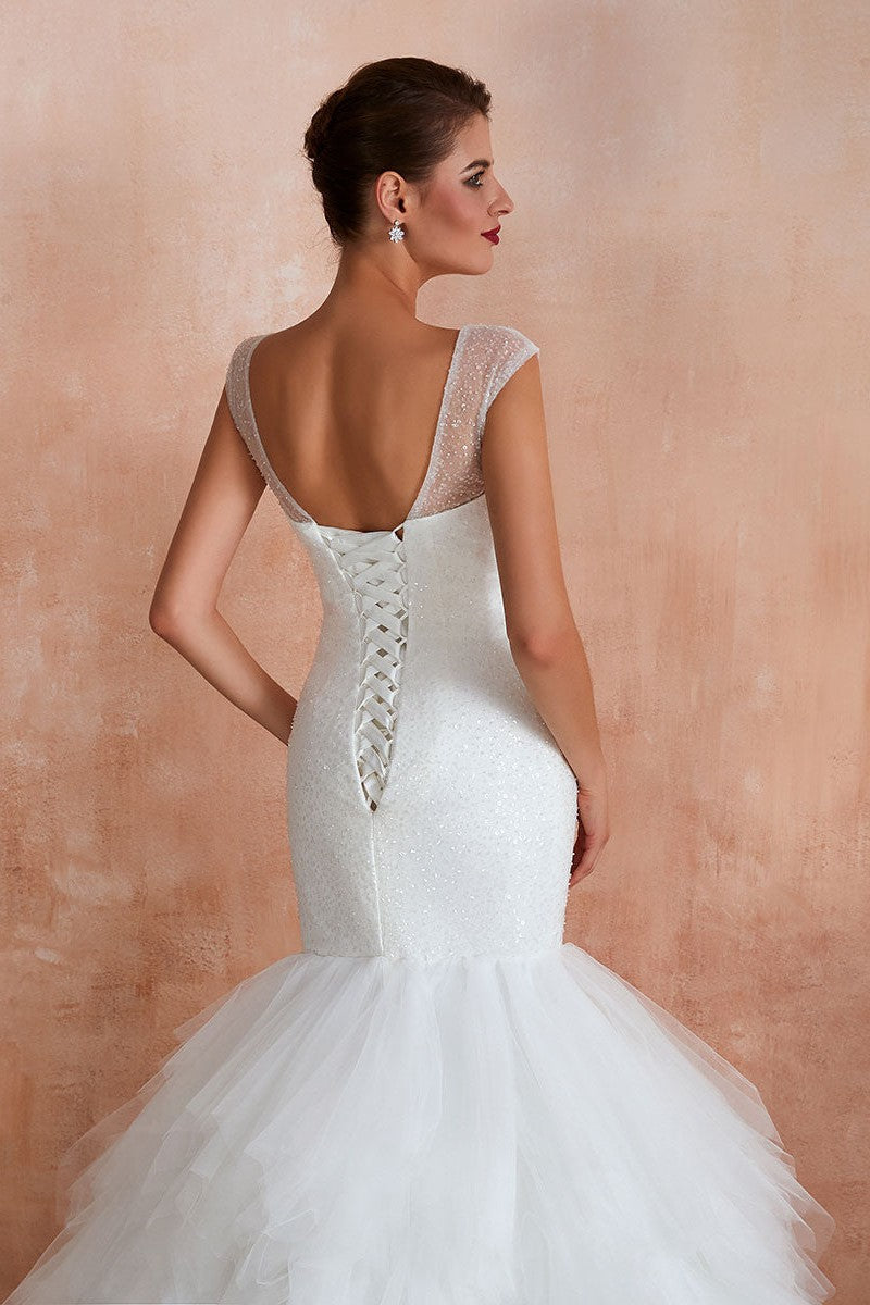 Mermaid Wedding Dress Beaded Chic V-Neck Sleeveless Bridal Gowns With Train-Dbrbridal