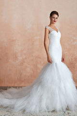 Mermaid Wedding Dress Beaded Chic V-Neck Sleeveless Bridal Gowns With Train-Dbrbridal