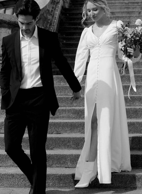 Minimalist Long Sleeves Wedding Dresses Floor-Length for Elopement-Dbrbridal