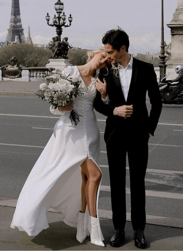 Minimalist Long Sleeves Wedding Dresses Floor-Length for Elopement-Dbrbridal