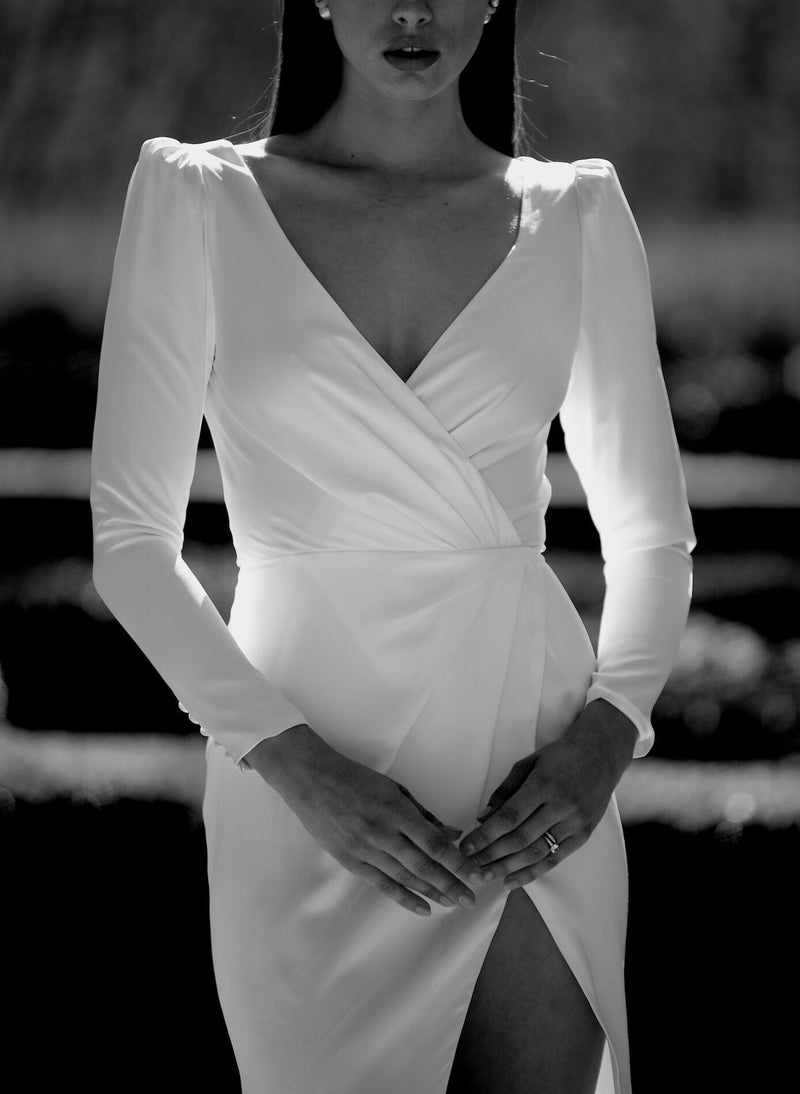 Minimalist V-Neck Long Sleeves Slit Wedding Dresses Sheath or Column-Dbrbridal