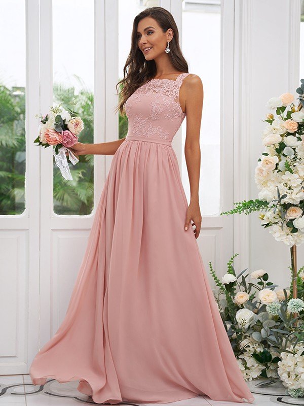 Modern Chiffon Applique Square Sleeveless Bridesmaid Dresses-Dbrbridal