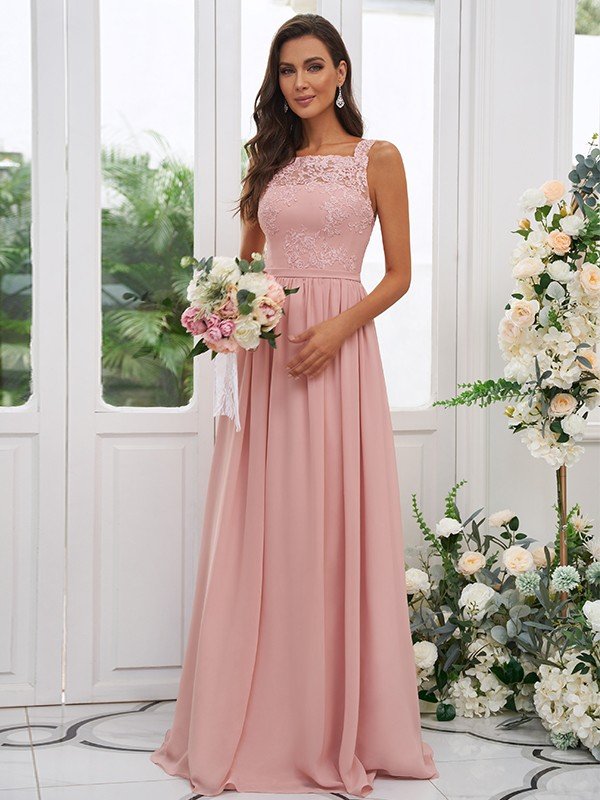 Modern Chiffon Applique Square Sleeveless Bridesmaid Dresses-Dbrbridal