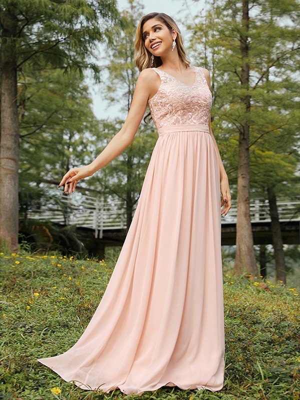 Modern Chiffon Lace V-neck Sleeveless Bridesmaid Dresses-Dbrbridal