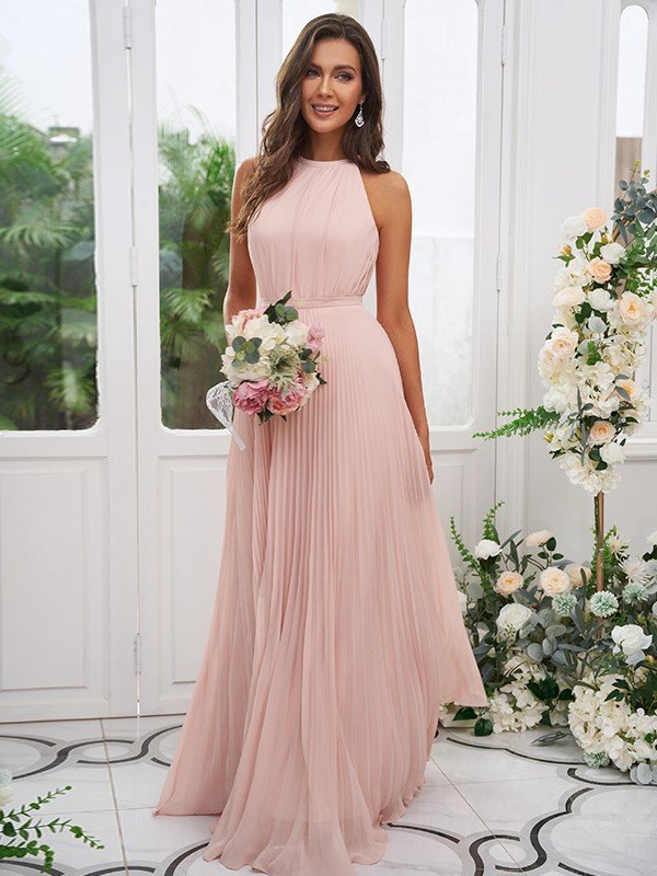 Modern Chiffon Ruffles Halter Sleeveless Bridesmaid Dresses-Dbrbridal