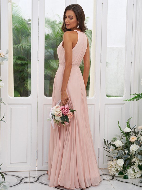 Modern Chiffon Ruffles Halter Sleeveless Bridesmaid Dresses-Dbrbridal