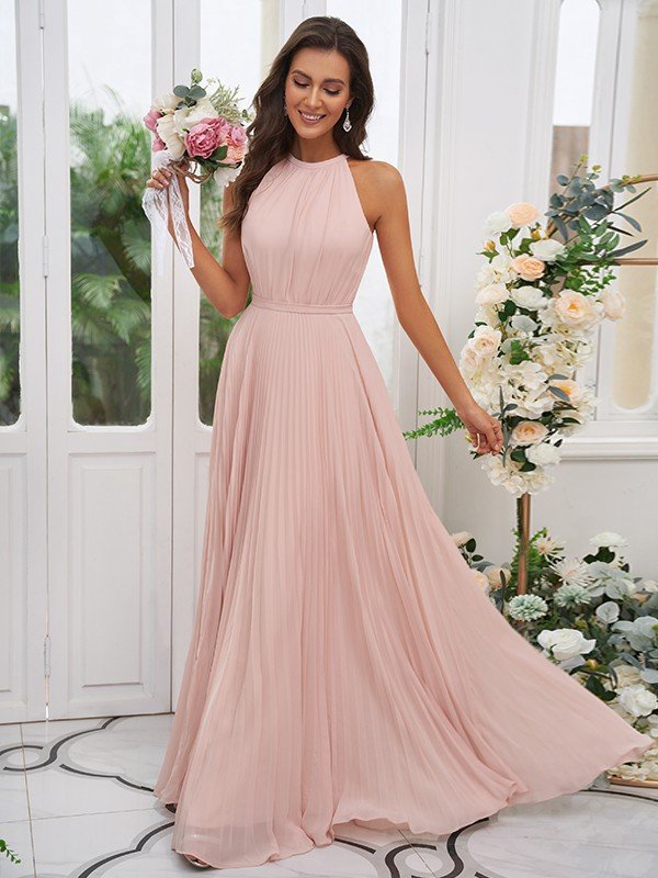 Modern Chiffon Ruffles Halter Sleeveless Bridesmaid Dresses-Dbrbridal