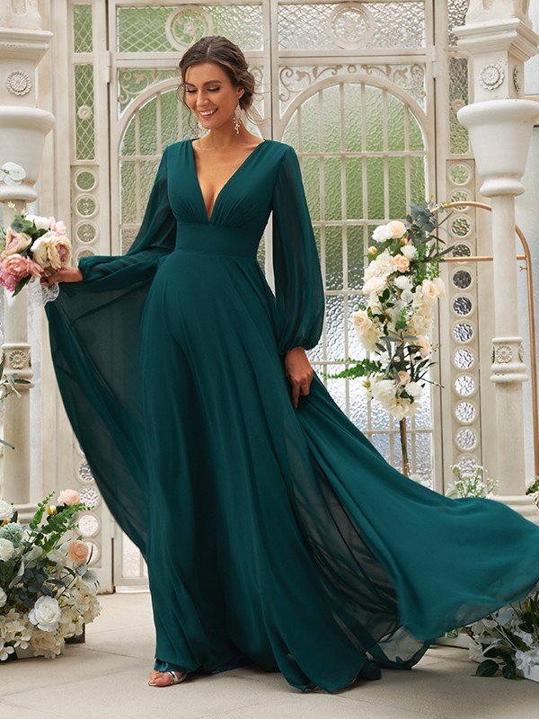 Modern Chiffon Ruffles V-neck Long Sleeves Bridesmaid Dresses-Dbrbridal