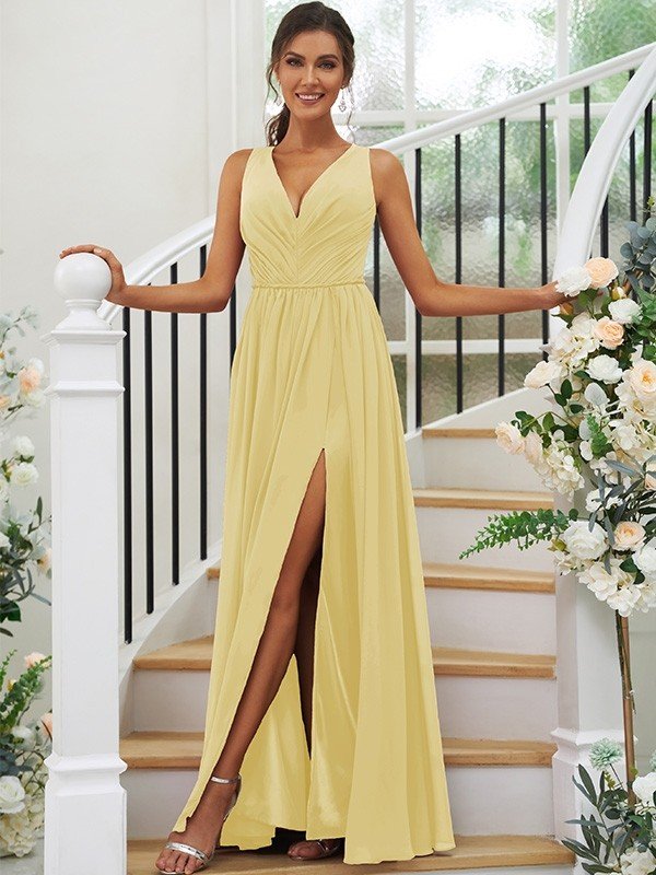 Modern Chiffon Ruffles V-neck Sleeveless Bridesmaid Dresses-Dbrbridal