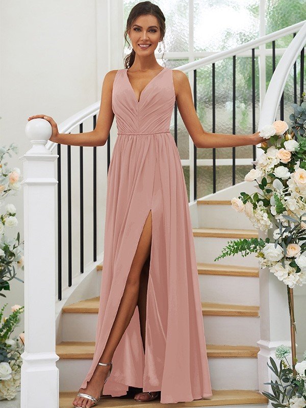 Modern Chiffon Ruffles V-neck Sleeveless Bridesmaid Dresses-Dbrbridal