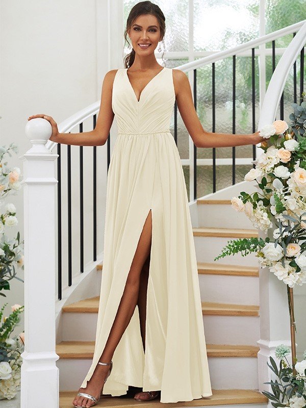 Modern Chiffon Ruffles V-neck Sleeveless Bridesmaid Dresses-Dbrbridal