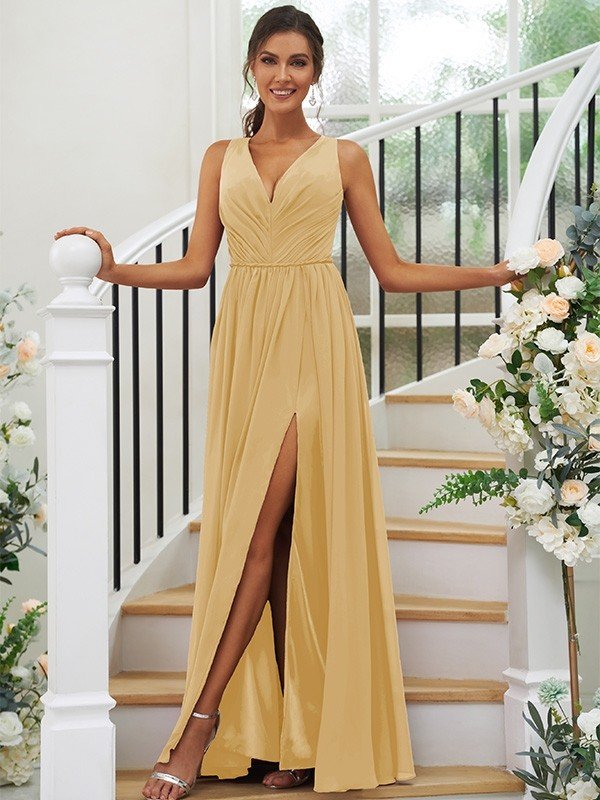 Modern Chiffon Ruffles V-neck Sleeveless Bridesmaid Dresses-Dbrbridal