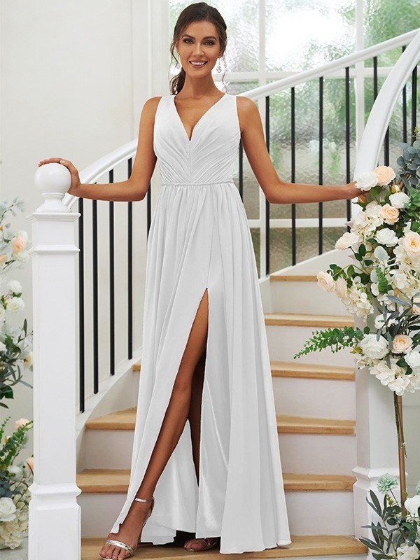 Modern Chiffon Ruffles V-neck Sleeveless Bridesmaid Dresses-Dbrbridal