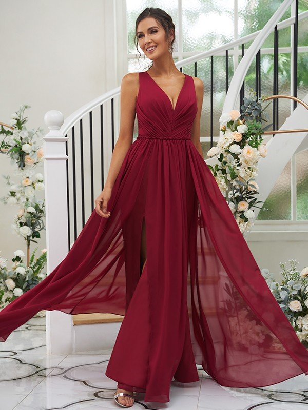 Modern Chiffon Ruffles V-neck Sleeveless Bridesmaid Dresses-Dbrbridal