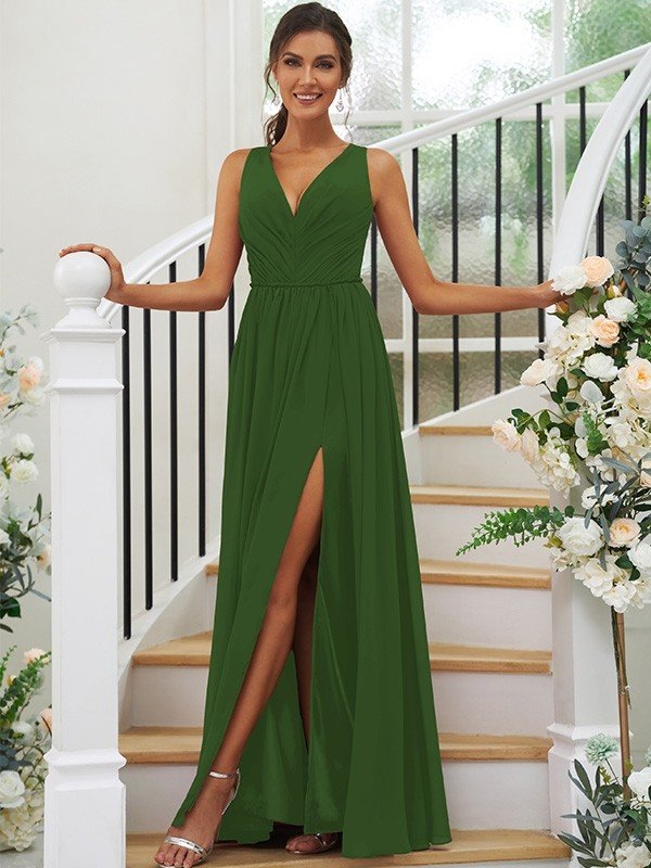 Modern Chiffon Ruffles V-neck Sleeveless Bridesmaid Dresses-Dbrbridal