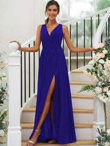 Modern Chiffon Ruffles V-neck Sleeveless Bridesmaid Dresses-Dbrbridal