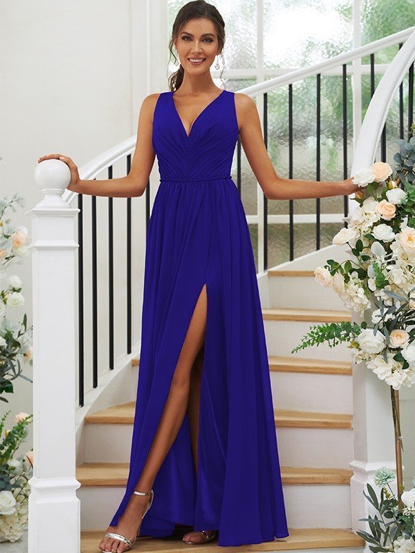 Modern Chiffon Ruffles V-neck Sleeveless Bridesmaid Dresses-Dbrbridal