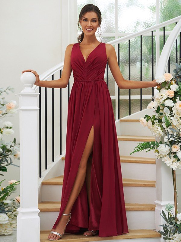 Modern Chiffon Ruffles V-neck Sleeveless Bridesmaid Dresses-Dbrbridal