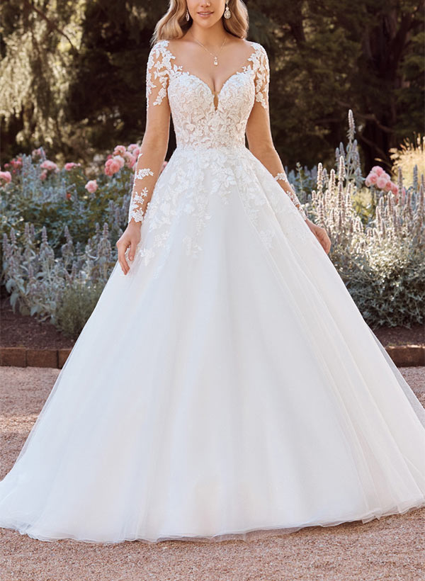 Modern Lace Ball Gown Wedding Dress Long Sleeves-Dbrbridal