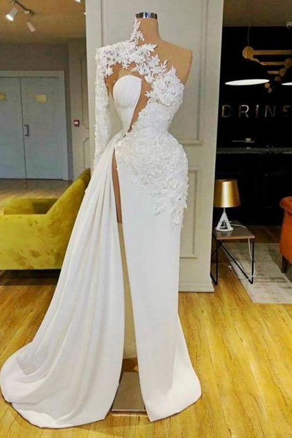 Modern One Shoulder Prom Dress With Lace Appliques Side Slit Long Sleeve-Dbrbridal