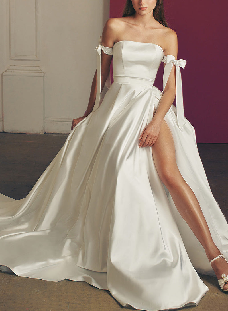 Modern Sexy Satin Off The Shoulder A Line Wedding Dresses-Dbrbridal