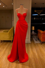 Modern Stunning Round Cup High split Red Prom Dress Spaghetti Strap-Dbrbridal