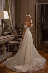 Modest Long A-line Off-the-shoulder Glitter Sleeveless Wedding Dresses-Dbrbridal