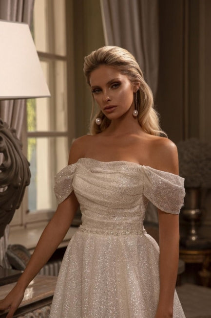 Modest Long A-line Off-the-shoulder Glitter Sleeveless Wedding Dresses-Dbrbridal