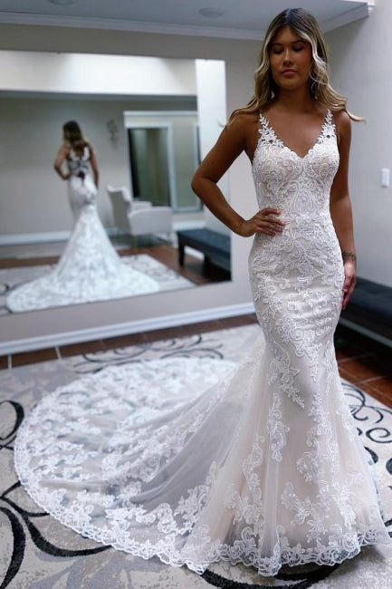 Modest spaghettistraps sleeveless mermaid lace Wedding Dresses-Dbrbridal