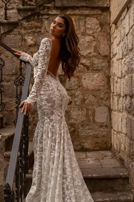 Modest sweetheart longsleeves mermaid lace Wedding Dresses-Dbrbridal