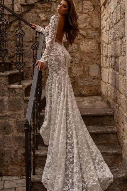 Modest sweetheart longsleeves mermaid lace Wedding Dresses-Dbrbridal