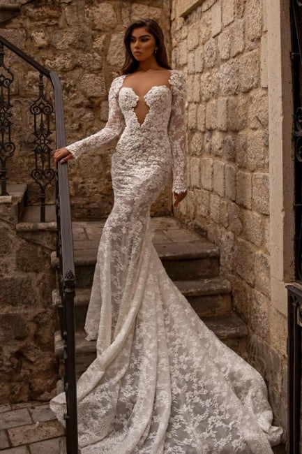 Modest sweetheart longsleeves mermaid lace Wedding Dresses-Dbrbridal