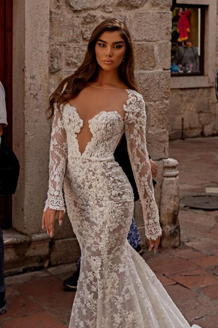 Modest sweetheart longsleeves mermaid lace Wedding Dresses-Dbrbridal