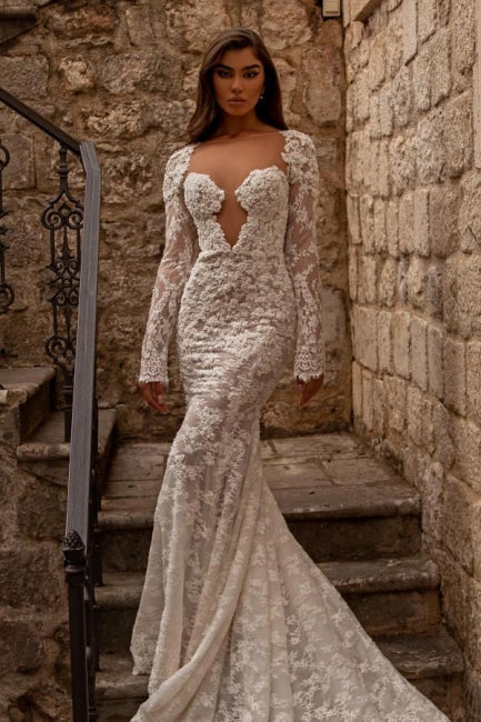 Modest sweetheart longsleeves mermaid lace Wedding Dresses-Dbrbridal