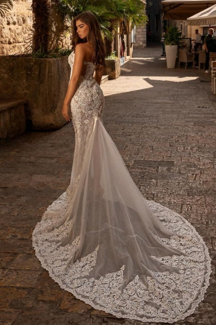 Modest sweetheart sleeveless mermaid lace Wedding Dresses-Dbrbridal