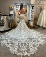 New Arrival Off-the-Shoulder Sleeveless Mermaid Lace Bridal Gown with Cathedral Train-Dbrbridal