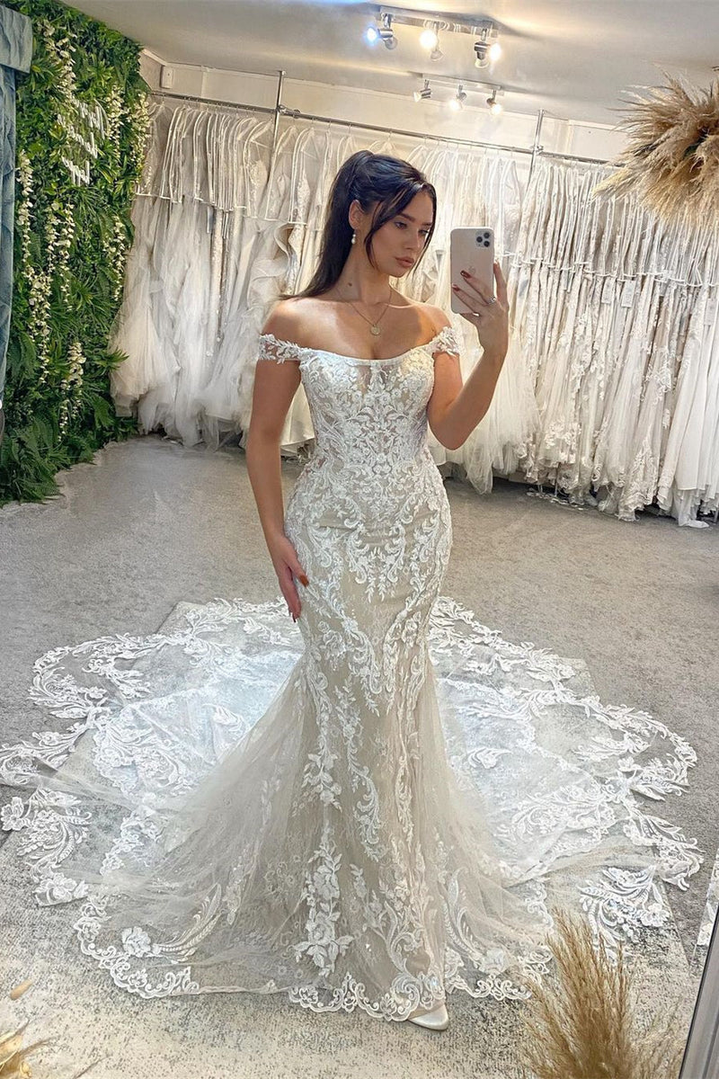 New Arrival Off-the-Shoulder Sleeveless Mermaid Lace Bridal Gown with Cathedral Train-Dbrbridal