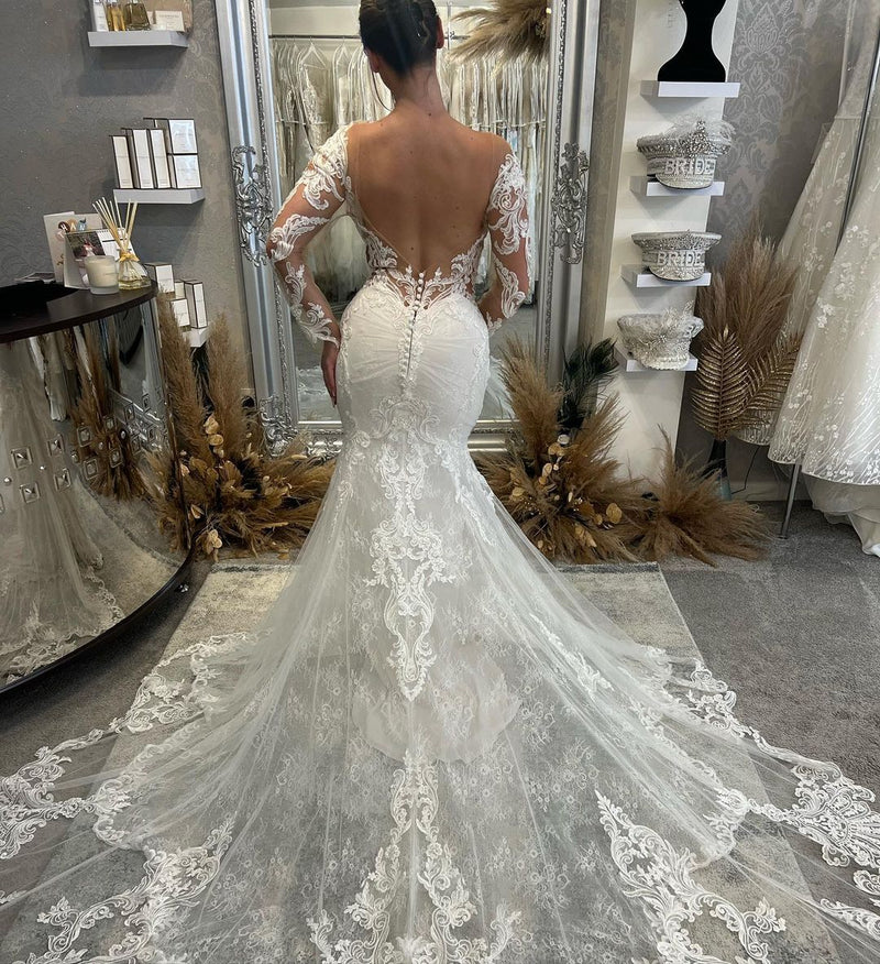 New Arrival V-Neck Long Sleeves Mermaid Lace Bridal Gown-Dbrbridal