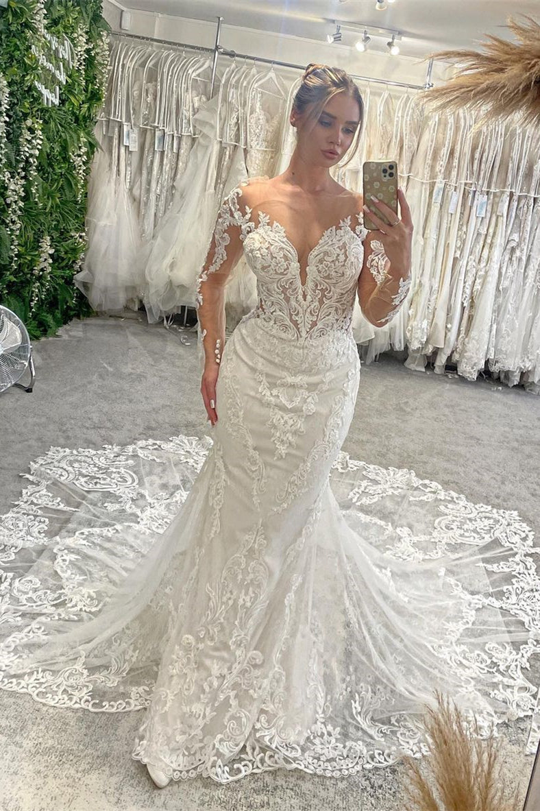 New Arrival V-Neck Long Sleeves Mermaid Lace Bridal Gown-Dbrbridal