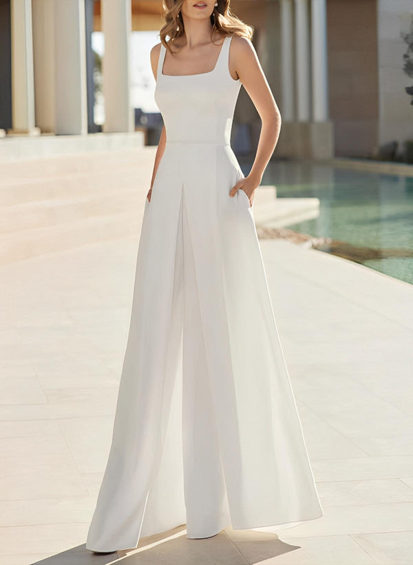 New Ivory Jumpsuit Bridal Dress Pockets Floor-Length Square Neck Sleeveless-Dbrbridal