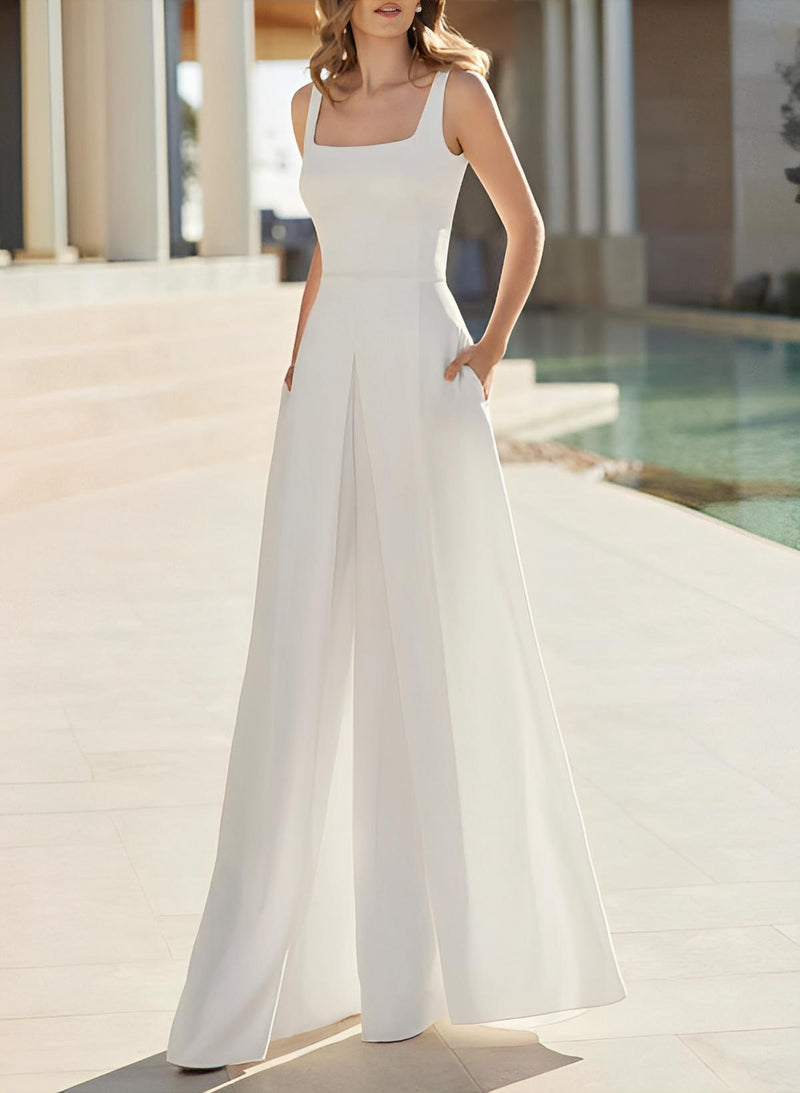 New Ivory Jumpsuit Bridal Dress Pockets Floor-Length Square Neck Sleeveless-Dbrbridal