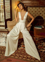 New Ivory V-Neck Sleeveless Floor-Length Bridal Jumpsuit-Dbrbridal