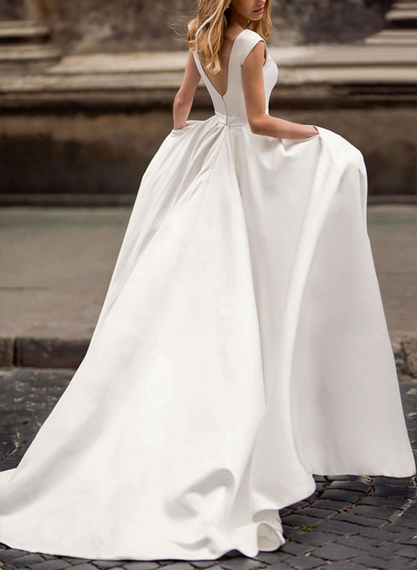 New Retro style A Line Simple Satin Scoop Neck Bridal Gown Wedding Dresses-Dbrbridal