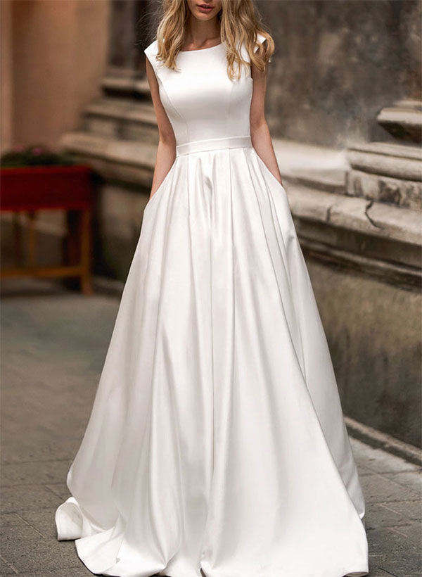 New Retro style A Line Simple Satin Scoop Neck Bridal Gown Wedding Dresses-Dbrbridal