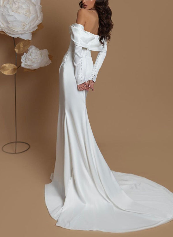 Off-Shoulder Long Sleeves Sweep Train Wedding Dresses-Dbrbridal