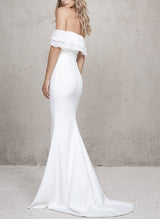 Off-Shoulder Mermaid Fitted Satin Wedding Dress Cascading Ruffles-Dbrbridal