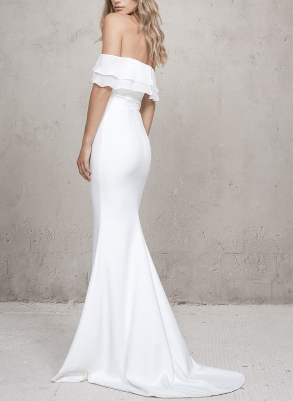 Off-Shoulder Mermaid Fitted Satin Wedding Dress Cascading Ruffles-Dbrbridal